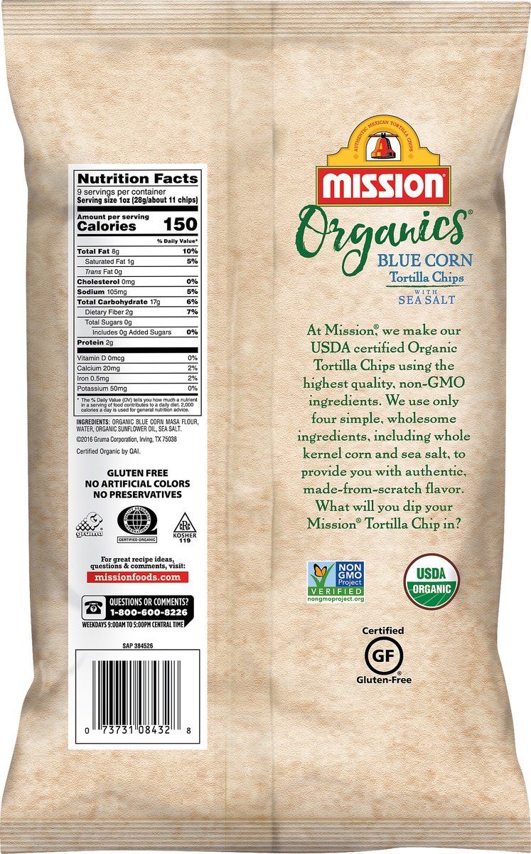 slide 3 of 3, Mission Organics Blue Corn Sea Salt Tortilla Chips, 11 oz