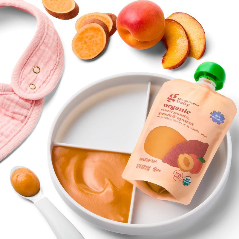 slide 3 of 3, Peach Sweet Potato Apricot Baby Food Pouch - Assorted Oranges - 3.5oz - Good & Gather™, 3.5 oz