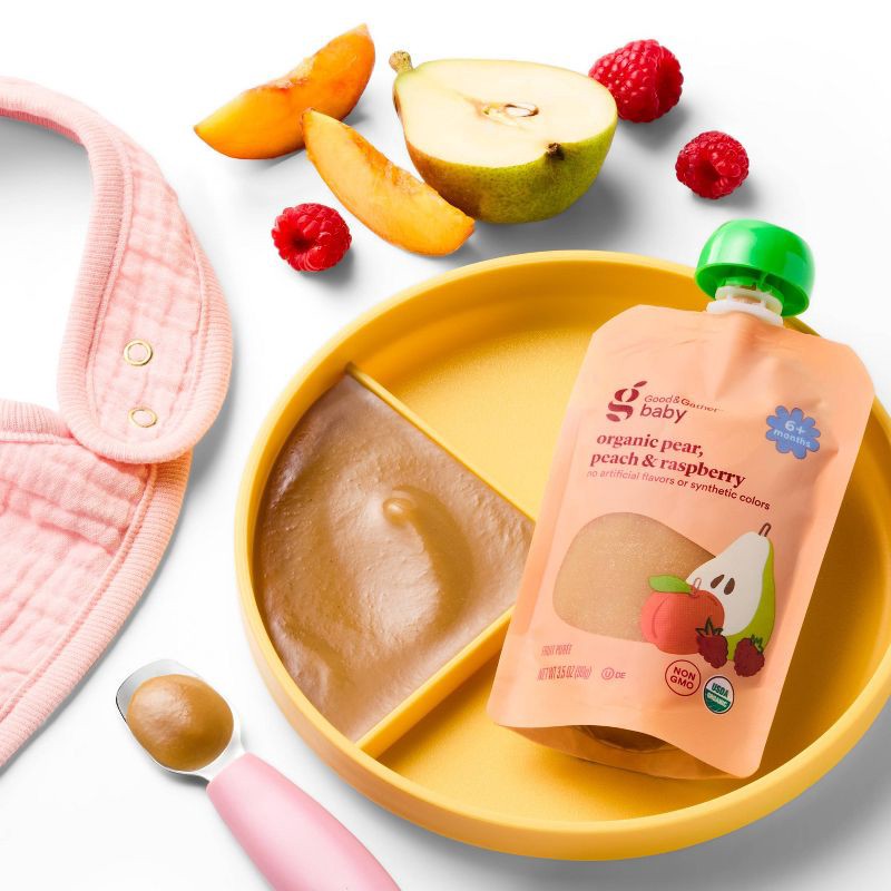 slide 3 of 3, Pear Peach Raspberry Food Pouch Baby Snack - Berry Pink - 3.5oz - Good & Gather™, 3.5 oz