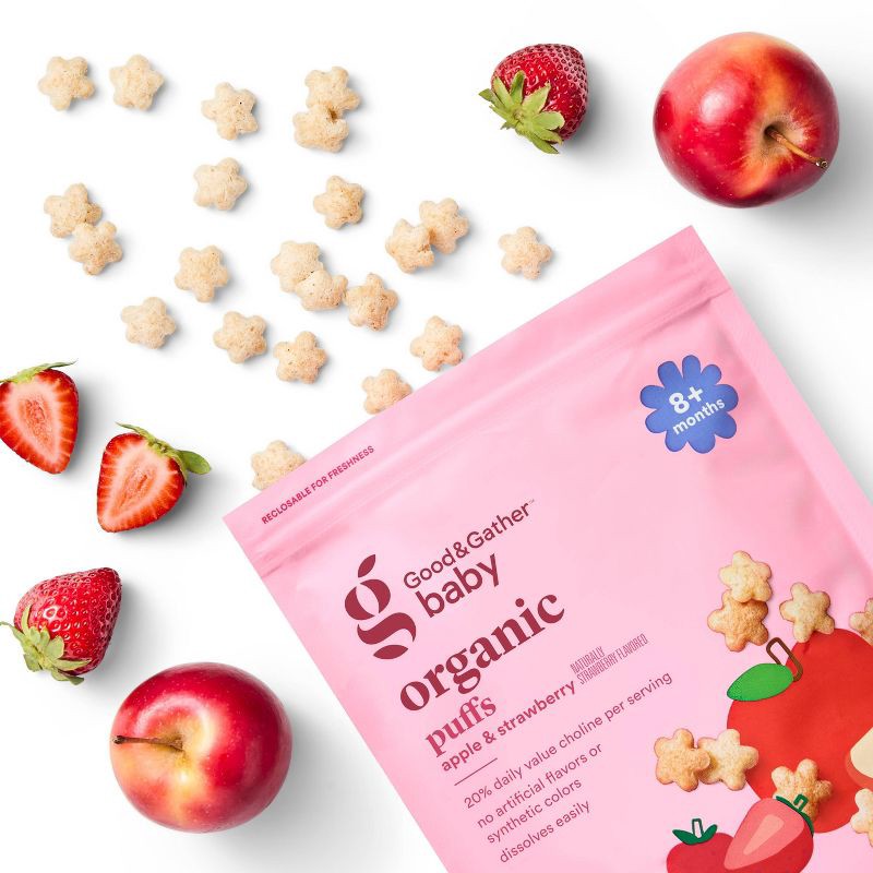 slide 2 of 4, Organic Puffs Baby Snacks - Apple Strawberry - 1.48oz - Good & Gather™, 1.48 oz