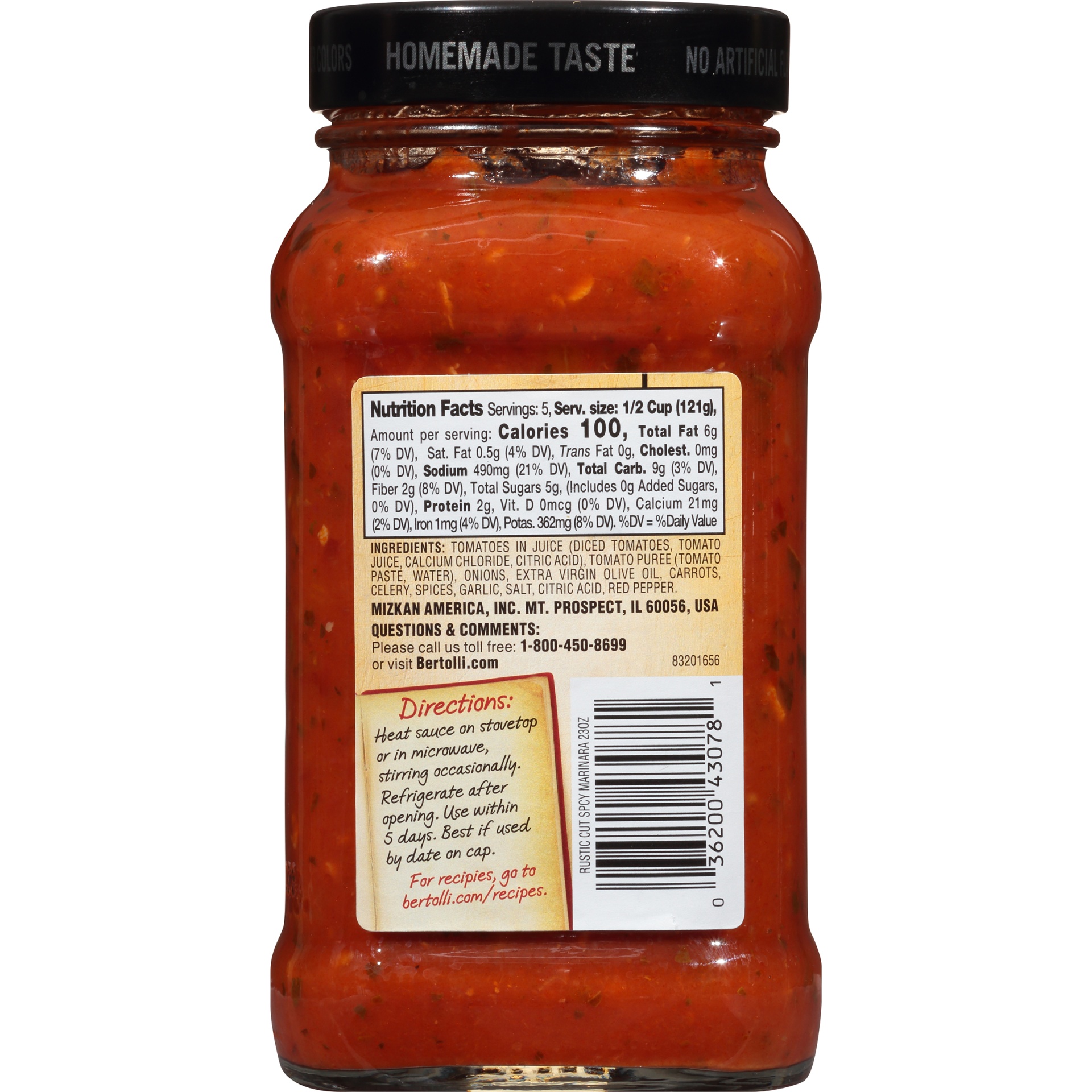 slide 4 of 6, Bertolli Spicy Marinara Rustic Cut Pasta Sauce with Hearty Vegetables, 23 oz