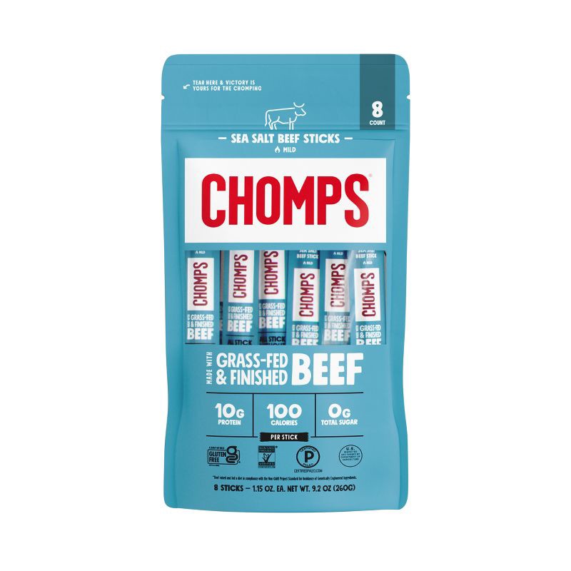 slide 1 of 7, Chomps Snack Sticks Sea Salt Beef Meat Sticks - 9.2oz/8ct, 9.2 oz, 8 ct
