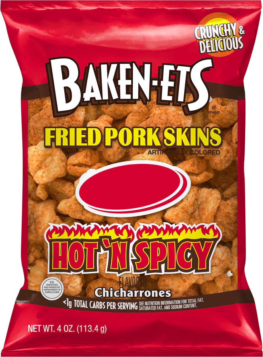 slide 2 of 3, BAKEN-ETS Fried Pork Skins Hot & Spicy Flavor, 4 oz