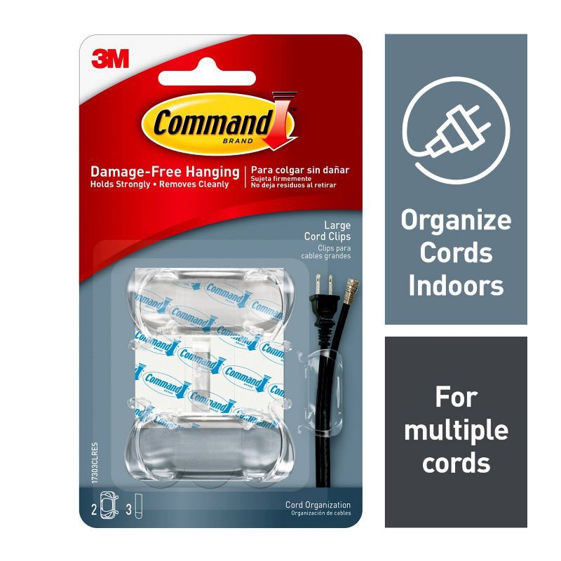 slide 2 of 9, Command Clear Large Cord Clips: Adhesive Hooks for Cable Management, Cord Holder, Extension Cord Clips, 2 Pack, 2 ct