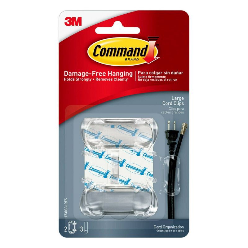 slide 3 of 9, Command Clear Large Cord Clips: Adhesive Hooks for Cable Management, Cord Holder, Extension Cord Clips, 2 Pack, 2 ct