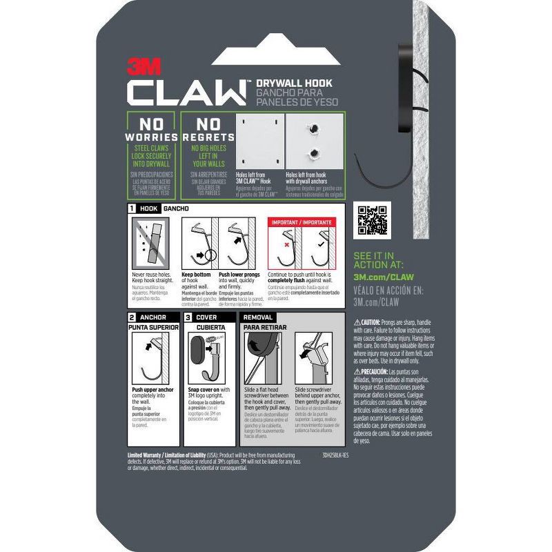 slide 13 of 15, 3M Claw 25lb Hanging Hook Black: Steel Adhesive Hook for Over Door Use, 1 Pack, 25 lb, 1 ct