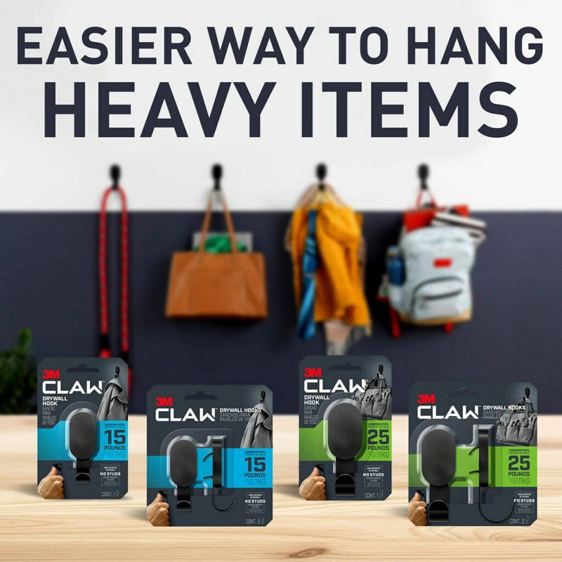 slide 10 of 15, 3M Claw 25lb Hanging Hook Black: Steel Adhesive Hook for Over Door Use, 1 Pack, 25 lb, 1 ct