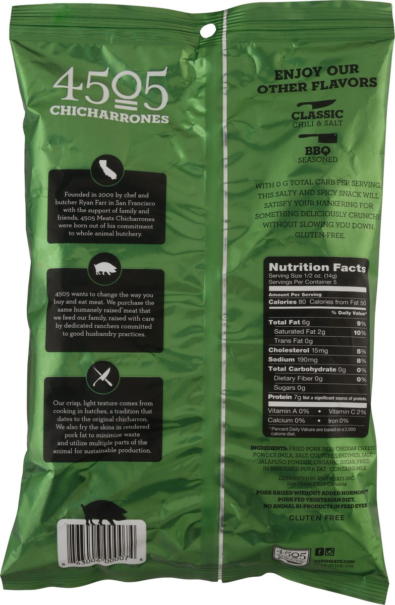 slide 6 of 9, 4505 Meats Chicharrones Jalapeno Cheddar Fried Pork Rinds, 2.5 oz