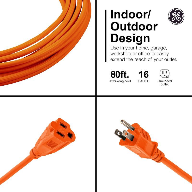 slide 8 of 8, General Electric GE 1-Outlet Grounded Extension Cord Outdoor 16AWG 80' Orange: Heavy Duty, 10 Amp, 3-Conductor, Lifetime Warranty, 1 ct