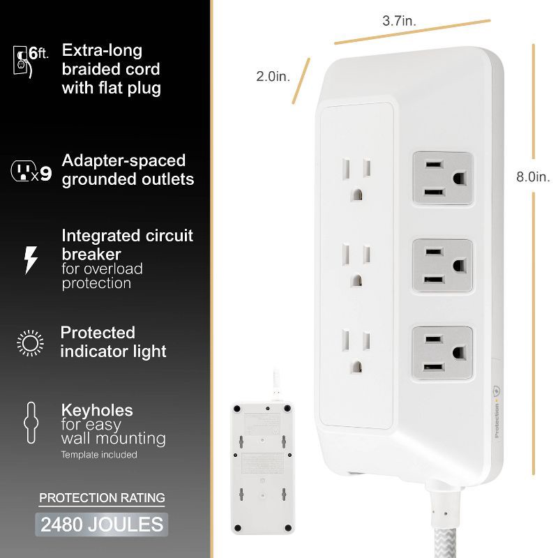 slide 12 of 12, General Electric GE 9-Outlet Surge Protector 2480J 6' Braided Cord White: Extension Cord, Outlet Extender, Multiple Plug-in Outlets, 1 ct