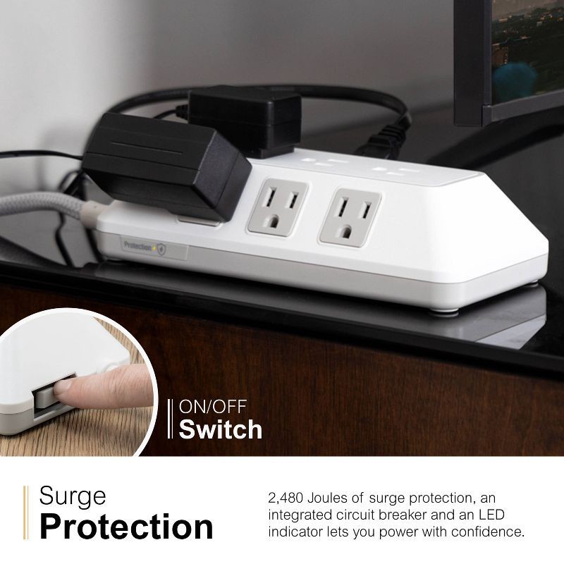 slide 5 of 12, General Electric GE 9-Outlet Surge Protector 2480J 6' Braided Cord White: Extension Cord, Outlet Extender, Multiple Plug-in Outlets, 1 ct