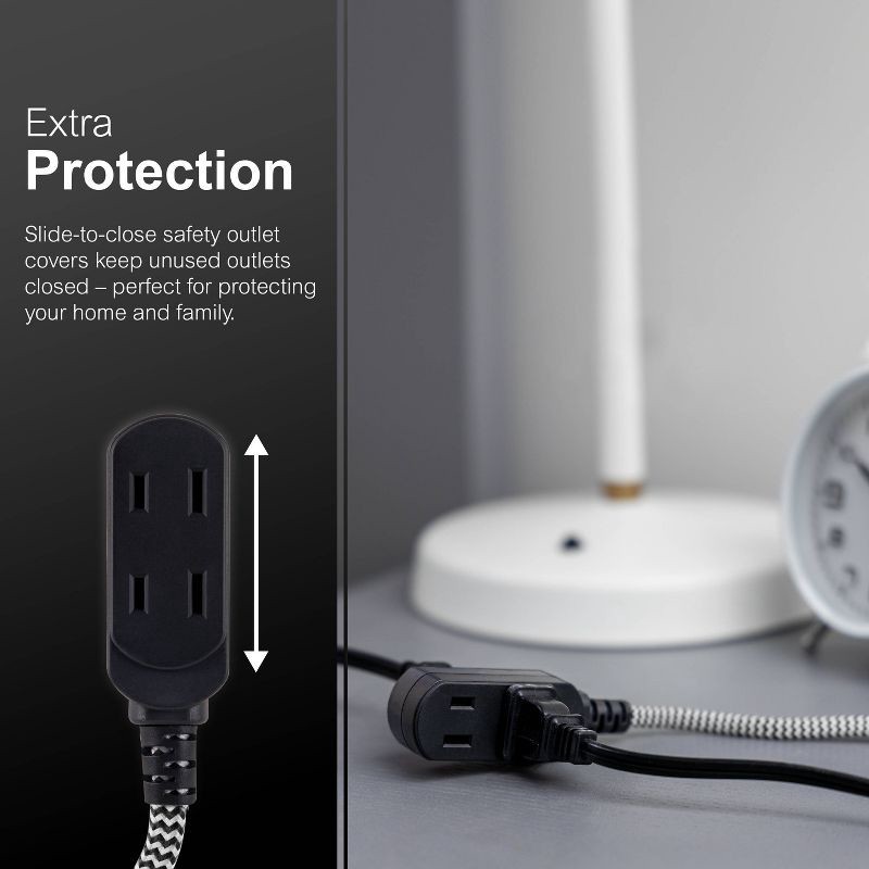 slide 4 of 8, General Electric GE 3-Outlet Polarized Extension Cord 15' Braided Black/Gray: Indoor Flat Long Extention Cord, 16 AWG, 13 Amps, 1 ct