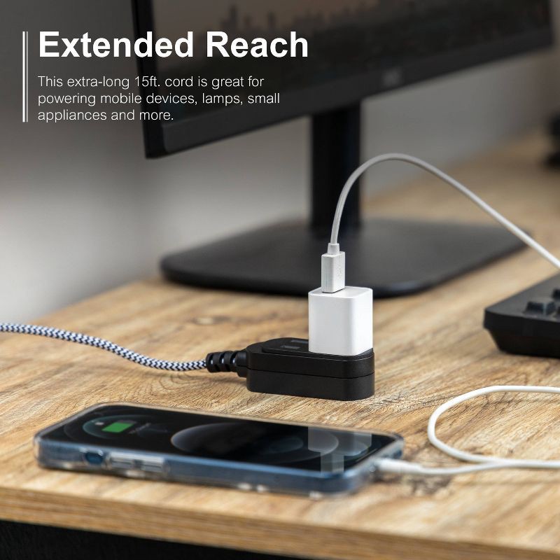 slide 6 of 8, General Electric GE 3-Outlet Polarized Extension Cord 15' Braided Black/Gray: Indoor Flat Long Extention Cord, 16 AWG, 13 Amps, 1 ct
