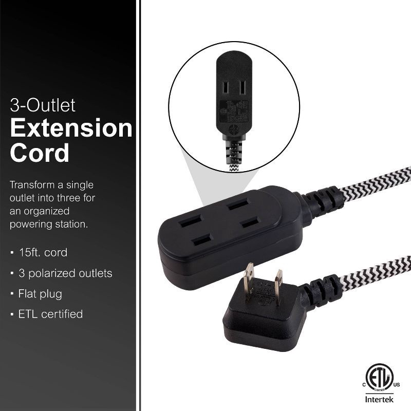 slide 8 of 8, General Electric GE 3-Outlet Polarized Extension Cord 15' Braided Black/Gray: Indoor Flat Long Extention Cord, 16 AWG, 13 Amps, 1 ct