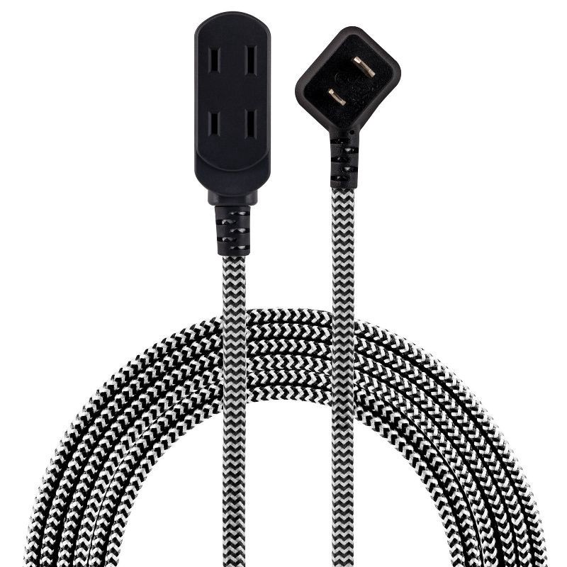 slide 1 of 8, General Electric GE 3-Outlet Polarized Extension Cord 15' Braided Black/Gray: Indoor Flat Long Extention Cord, 16 AWG, 13 Amps, 1 ct