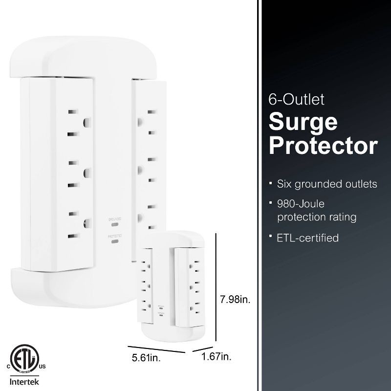 slide 3 of 10, General Electric GE 6-Outlet Swivel Surge Tap 980J White: Multi Plug Extender, Wall Plug, Lifetime Warranty, 980 Joules, 1 ct