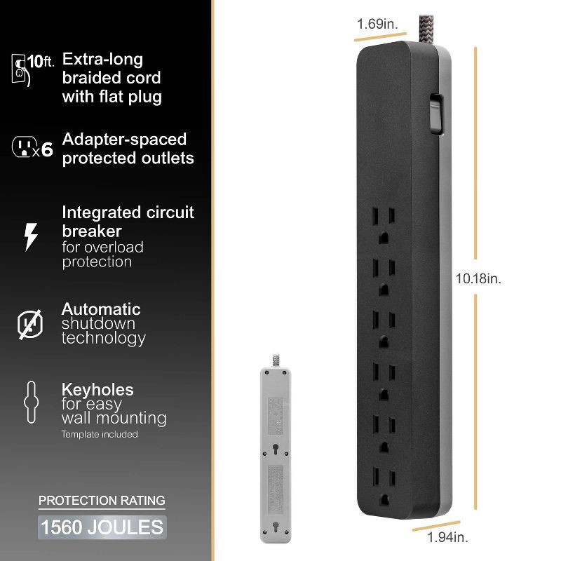 slide 13 of 13, General Electric GE 6-Outlet Surge Protector 1560J 10' Braided Cord Black: Extension Cord & Outlet Extender, 1 ct