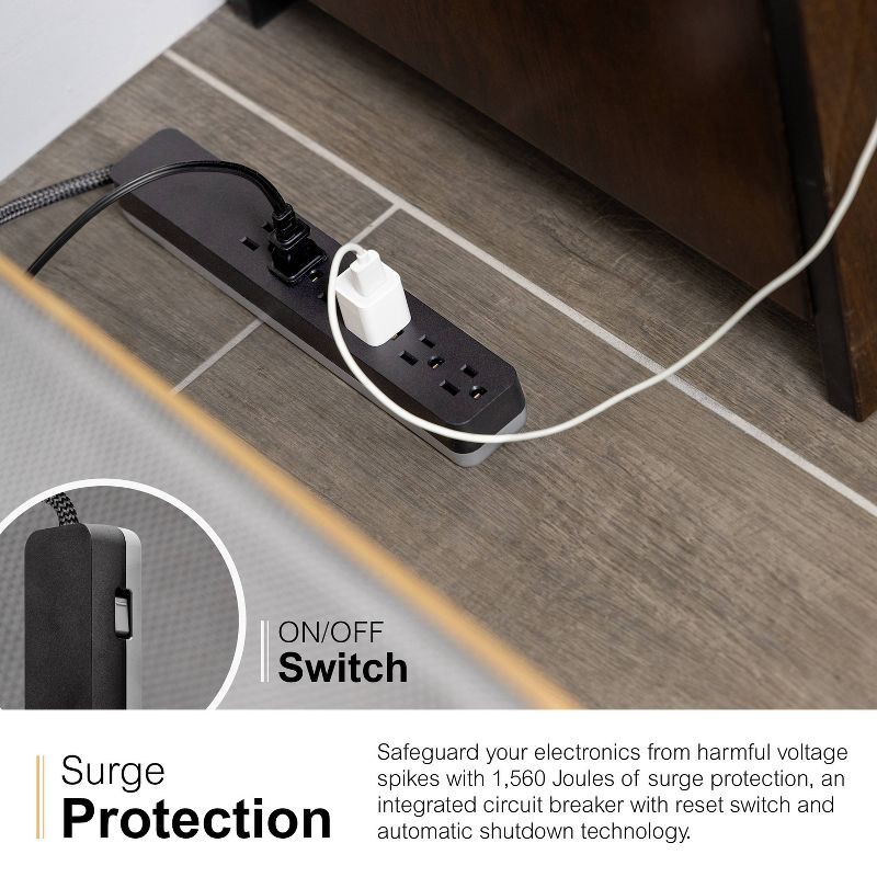 slide 11 of 13, General Electric GE 6-Outlet Surge Protector 1560J 10' Braided Cord Black: Extension Cord & Outlet Extender, 1 ct