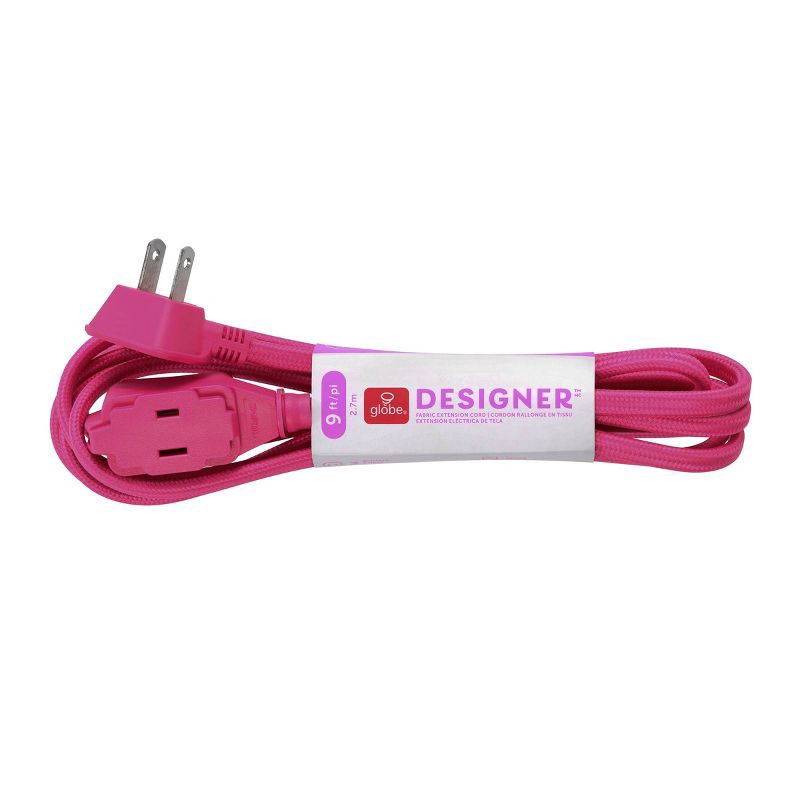 slide 2 of 10, Globe Electric 9' Fabric Extension Cord with 3 Polarized Outlets, Neon Pink: Indoor Flat Plug, Long 16 AWG, 13 Amp, 1 ct