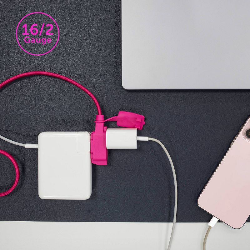 slide 3 of 10, Globe Electric 9' Fabric Extension Cord with 3 Polarized Outlets, Neon Pink: Indoor Flat Plug, Long 16 AWG, 13 Amp, 1 ct