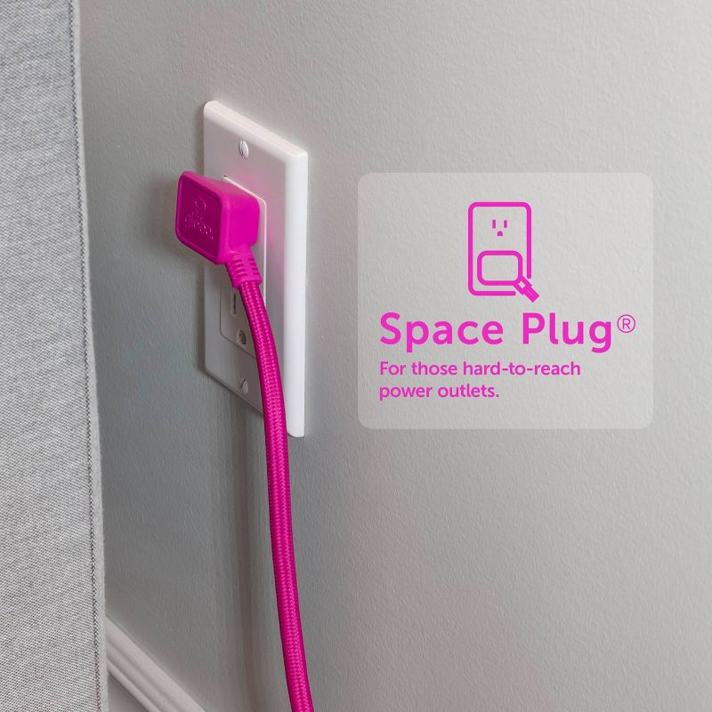 slide 4 of 10, Globe Electric 9' Fabric Extension Cord with 3 Polarized Outlets, Neon Pink: Indoor Flat Plug, Long 16 AWG, 13 Amp, 1 ct
