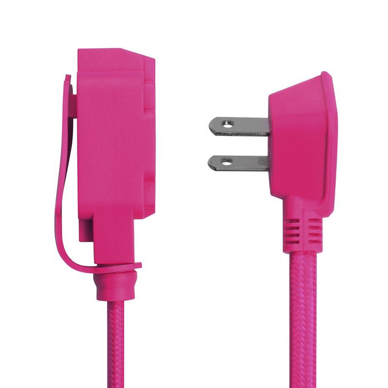 slide 6 of 10, Globe Electric 9' Fabric Extension Cord with 3 Polarized Outlets, Neon Pink: Indoor Flat Plug, Long 16 AWG, 13 Amp, 1 ct