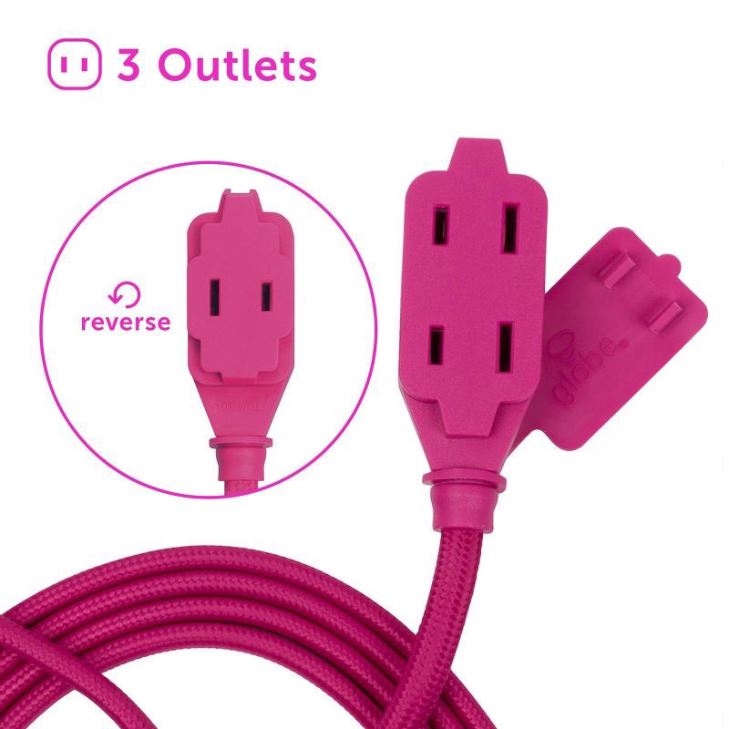 slide 7 of 10, Globe Electric 9' Fabric Extension Cord with 3 Polarized Outlets, Neon Pink: Indoor Flat Plug, Long 16 AWG, 13 Amp, 1 ct