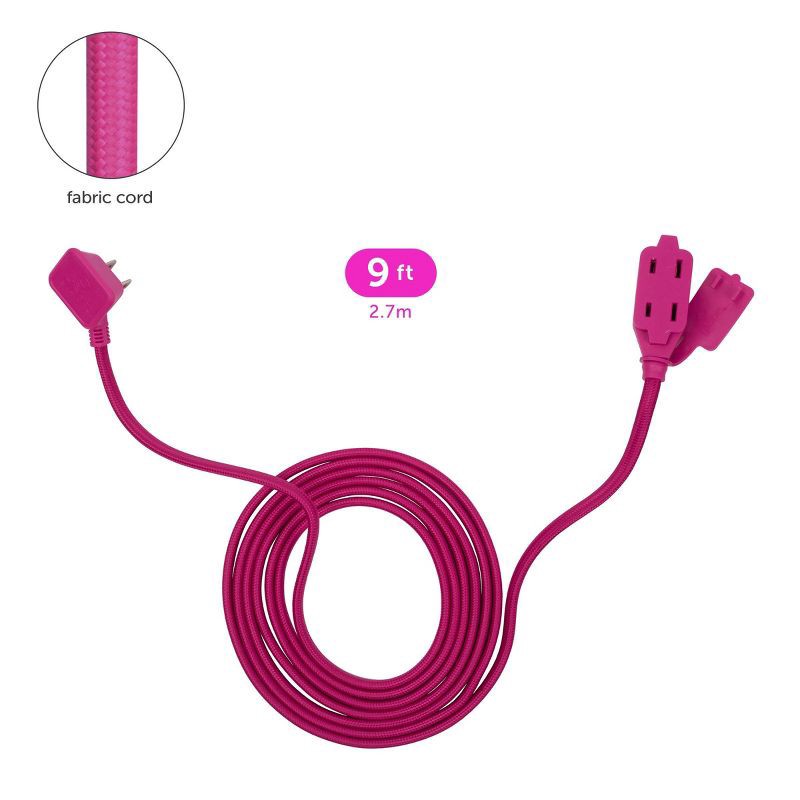 slide 9 of 10, Globe Electric 9' Fabric Extension Cord with 3 Polarized Outlets, Neon Pink: Indoor Flat Plug, Long 16 AWG, 13 Amp, 1 ct