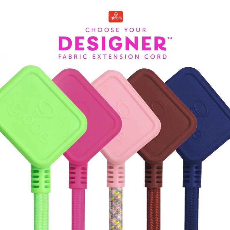 slide 10 of 10, Globe Electric 9' Fabric Extension Cord with 3 Polarized Outlets, Neon Pink: Indoor Flat Plug, Long 16 AWG, 13 Amp, 1 ct