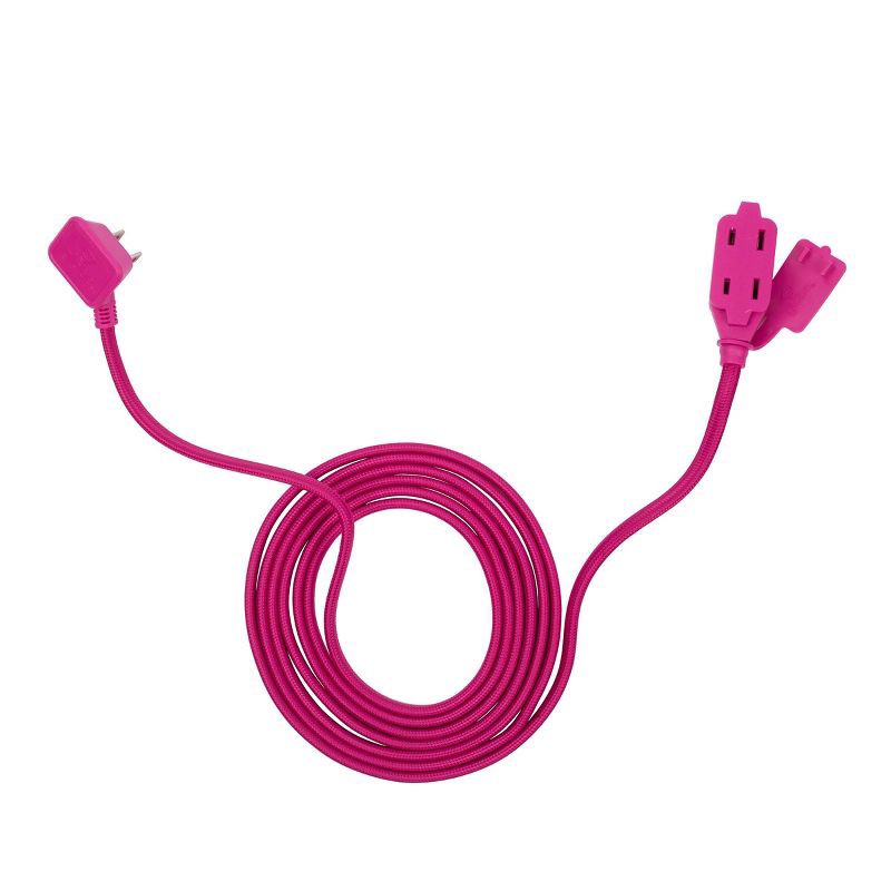 slide 1 of 10, Globe Electric 9' Fabric Extension Cord with 3 Polarized Outlets, Neon Pink: Indoor Flat Plug, Long 16 AWG, 13 Amp, 1 ct