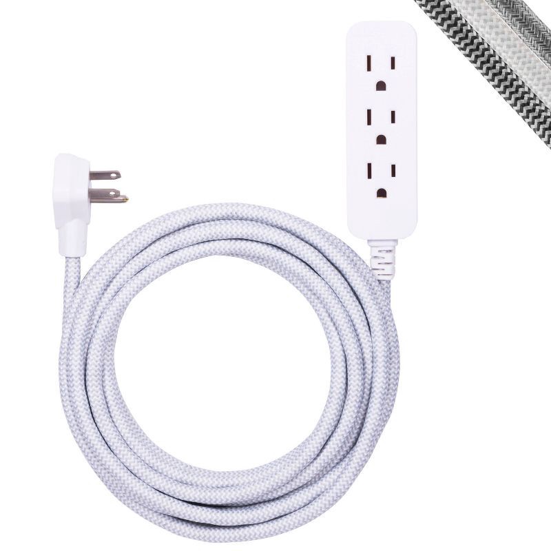 slide 1 of 8, General Electric GE 3-Outlet Grounded Extension Cord 15' Braided Cord Gray/White: Indoor Long Extention Cord, 16 AWG, 13 Amps, 15 ft, 15 ft