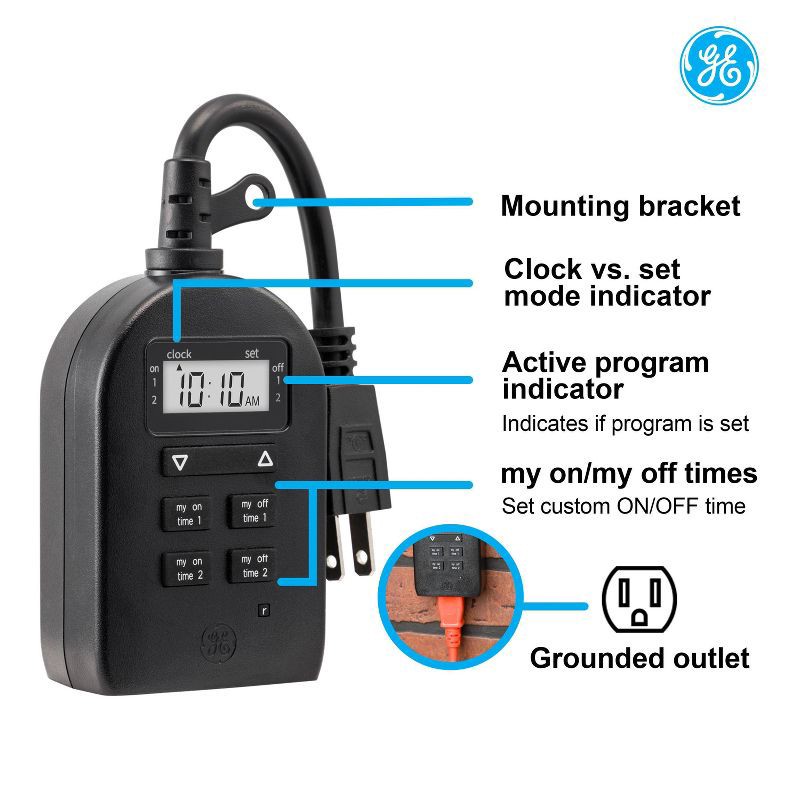 slide 3 of 9, General Electric GE My Touch Smart Simple Set Digital Timer Outdoor 1 Grounded Outlet 2 Setting Trigger Plug Black: Light Timer Plug for Outdoor Use, 1 ct