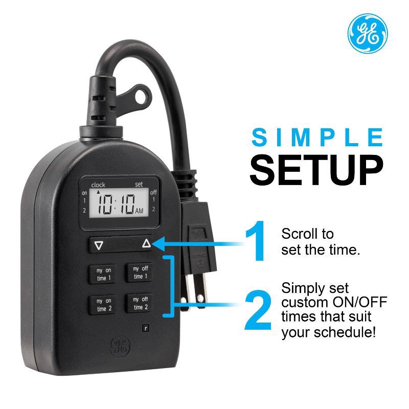 slide 5 of 9, General Electric GE My Touch Smart Simple Set Digital Timer Outdoor 1 Grounded Outlet 2 Setting Trigger Plug Black: Light Timer Plug for Outdoor Use, 1 ct