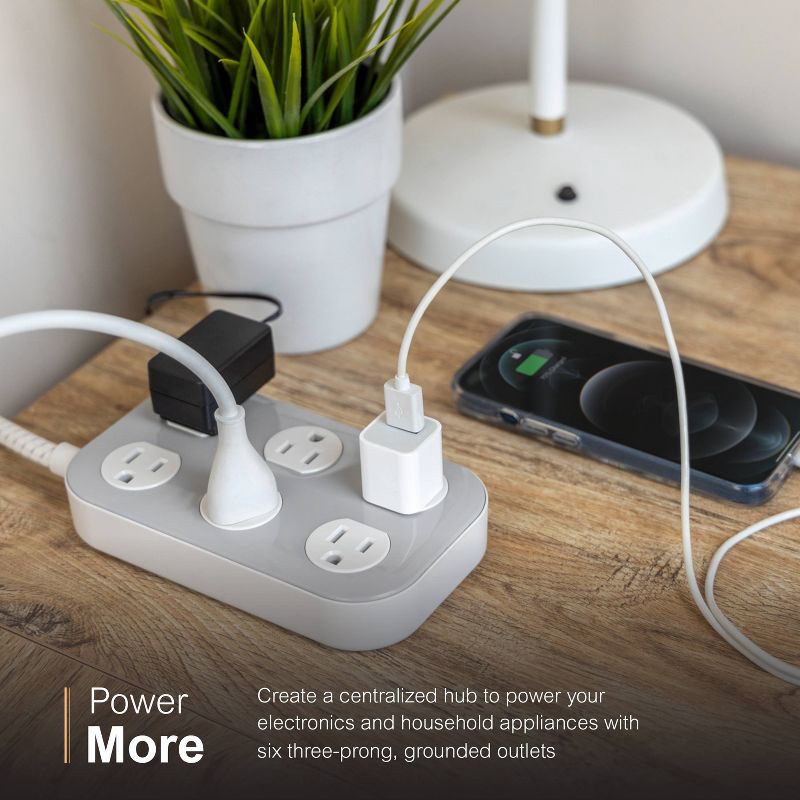 slide 5 of 9, General Electric GE 6-Outlet Surge Protector 490J 6' Braided Cord Gray/Cream, 1 ct