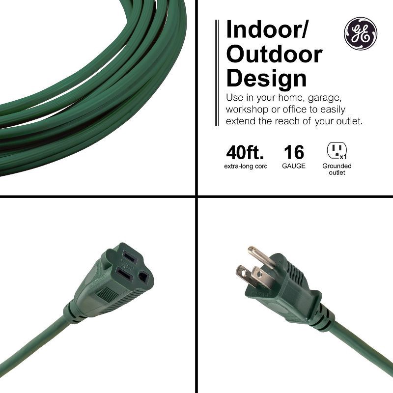 slide 2 of 5, General Electric GE 1-Outlet Grounded Extension Cord Outdoor 16AWG 40' Green: 13A, 3-Conductor, Lifetime Warranty, 40ft Length, 40 ft