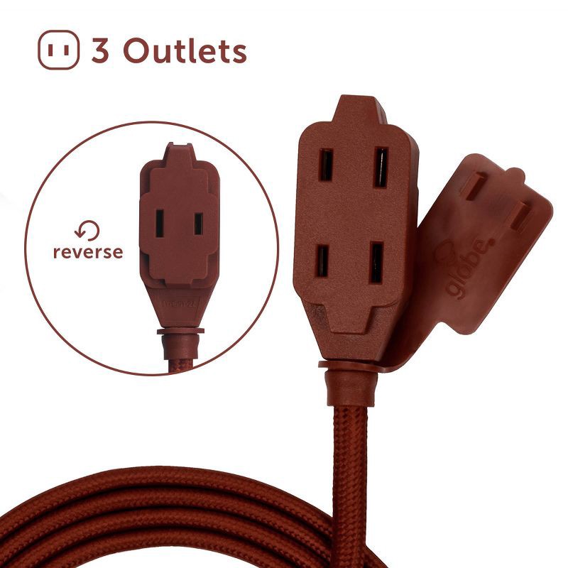slide 7 of 10, Globe Electric 9' Fabric Extension Cord with 3 Polarized Outlets, Terracotta: Indoor, Flat, 16 AWG, 9ft, 2 Conductors, 9 ft