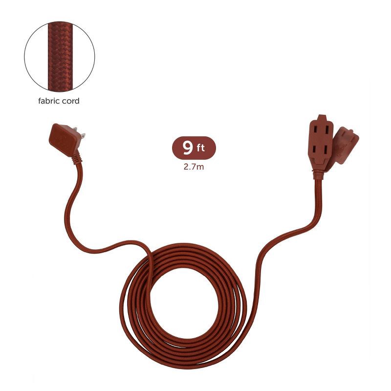 slide 9 of 10, Globe Electric 9' Fabric Extension Cord with 3 Polarized Outlets, Terracotta: Indoor, Flat, 16 AWG, 9ft, 2 Conductors, 9 ft
