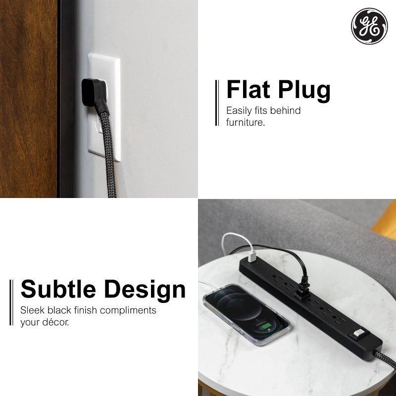 slide 2 of 11, General Electric GE 6-Outlet Power Strip 1 USB-A 1 USB-C 15W Shared 6' Braided Cord Black: Electrical Strip, 14 AWG, 3.6 Amps, 1 ct
