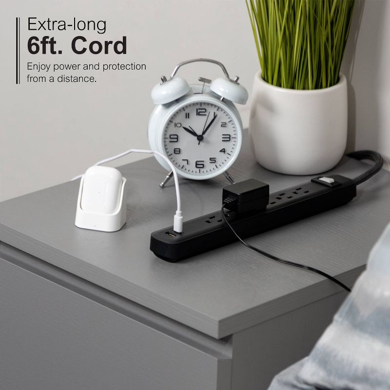 slide 3 of 11, General Electric GE 6-Outlet Power Strip 1 USB-A 1 USB-C 15W Shared 6' Braided Cord Black: Electrical Strip, 14 AWG, 3.6 Amps, 1 ct