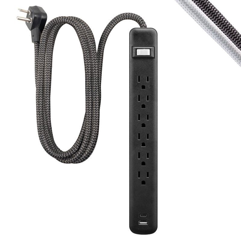 slide 1 of 11, General Electric GE 6-Outlet Power Strip 1 USB-A 1 USB-C 15W Shared 6' Braided Cord Black: Electrical Strip, 14 AWG, 3.6 Amps, 1 ct