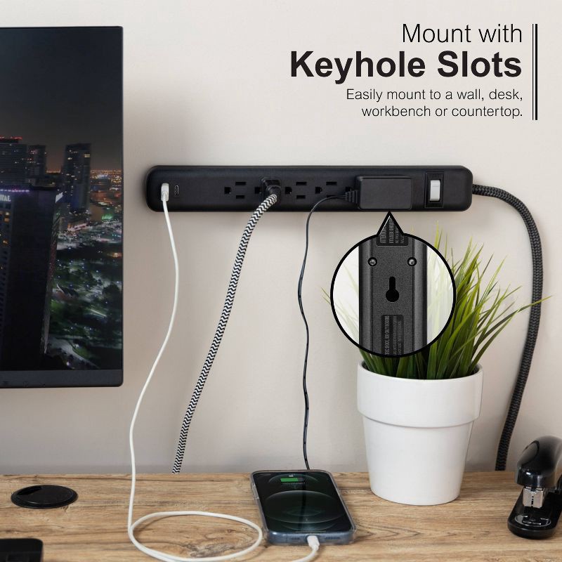 slide 4 of 11, General Electric GE 6-Outlet Power Strip 1 USB-A 1 USB-C 15W Shared 6' Braided Cord Black: Electrical Strip, 14 AWG, 3.6 Amps, 1 ct