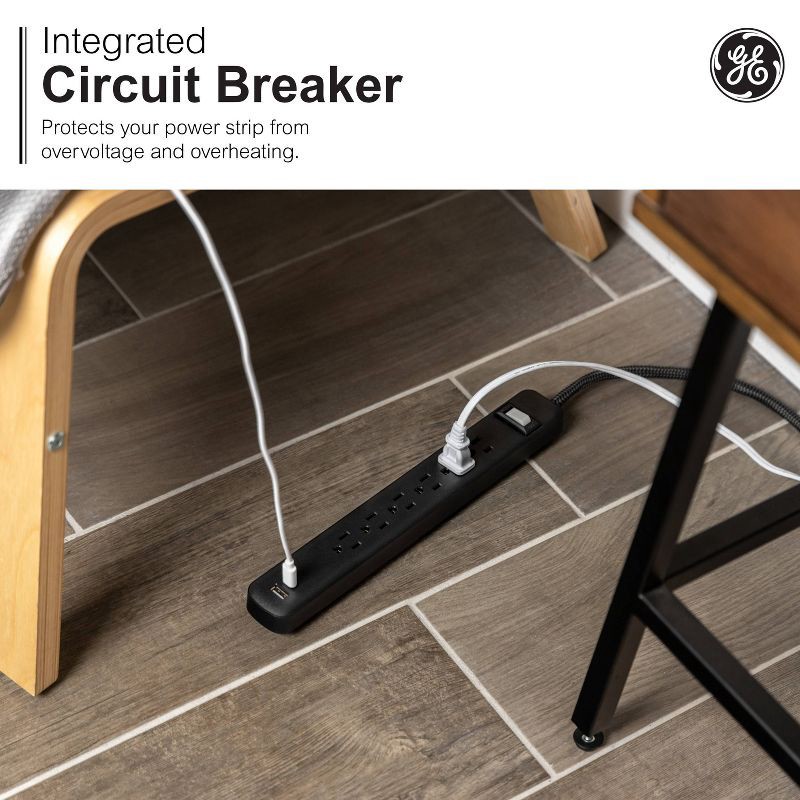 slide 5 of 11, General Electric GE 6-Outlet Power Strip 1 USB-A 1 USB-C 15W Shared 6' Braided Cord Black: Electrical Strip, 14 AWG, 3.6 Amps, 1 ct