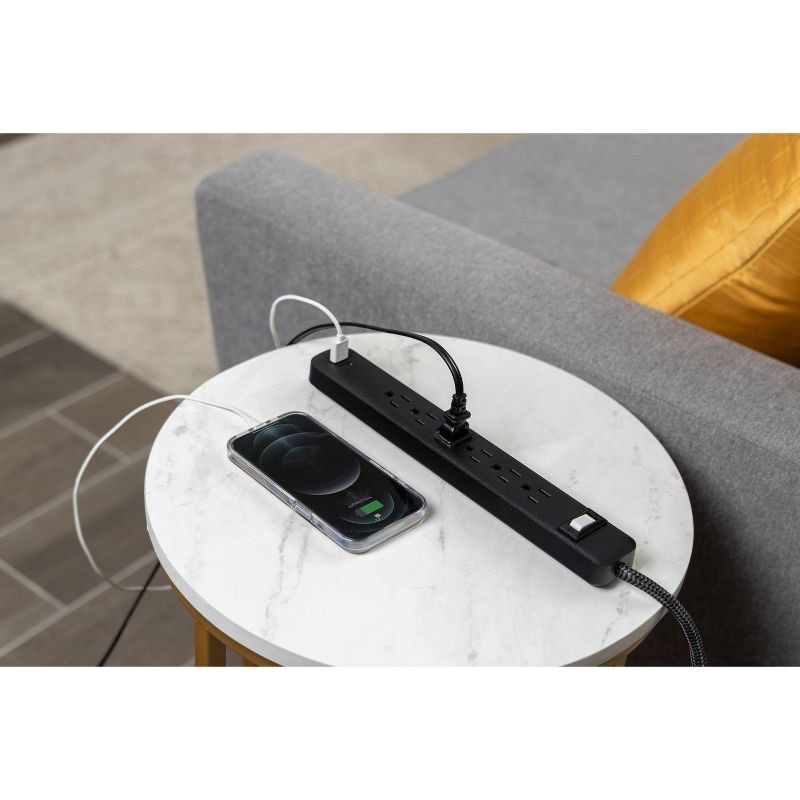 slide 7 of 11, General Electric GE 6-Outlet Power Strip 1 USB-A 1 USB-C 15W Shared 6' Braided Cord Black: Electrical Strip, 14 AWG, 3.6 Amps, 1 ct