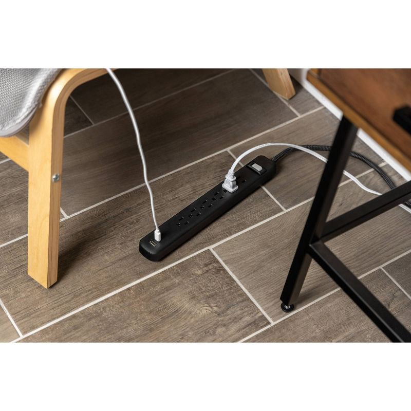 slide 8 of 11, General Electric GE 6-Outlet Power Strip 1 USB-A 1 USB-C 15W Shared 6' Braided Cord Black: Electrical Strip, 14 AWG, 3.6 Amps, 1 ct