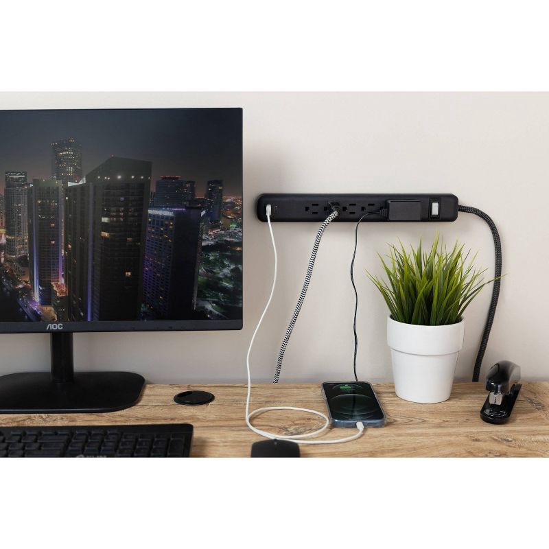 slide 10 of 11, General Electric GE 6-Outlet Power Strip 1 USB-A 1 USB-C 15W Shared 6' Braided Cord Black: Electrical Strip, 14 AWG, 3.6 Amps, 1 ct
