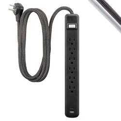 General Electric GE 6-Outlet Power Strip 1 USB-A 1 USB-C 15W Shared 6' Braided Cord Black: Electrical Strip, 14 AWG, 3.6 Amps
