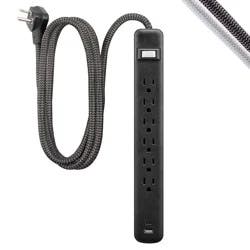 General Electric GE 6-Outlet Power Strip 1 USB-A 1 USB-C 15W Shared 6' Braided Cord Black: Electrical Strip, 14 AWG, 3.6 Amps