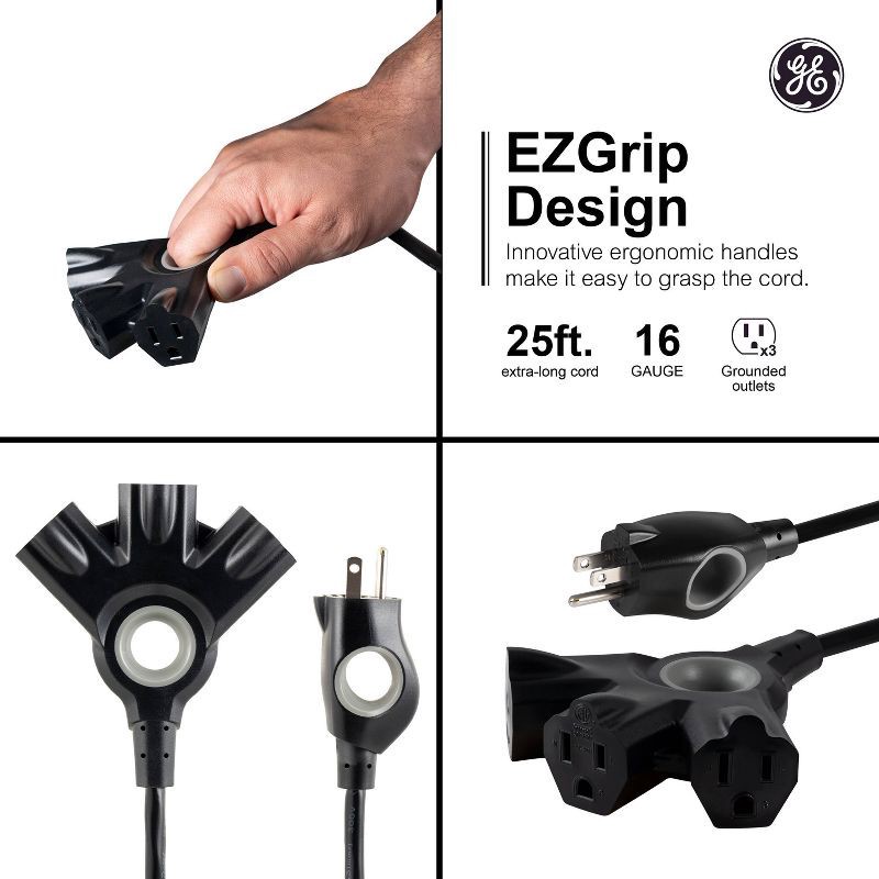 slide 2 of 5, General Electric GE 3-Outlet Grounded Extension Cord Indoor/Outdoor 16AWG 25' Black: Heavy Duty, Long 25ft, Outside Use, 13 Amps, 3 Conductors, 25 ft