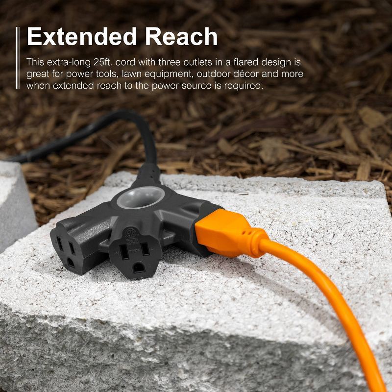 slide 4 of 5, General Electric GE 3-Outlet Grounded Extension Cord Indoor/Outdoor 16AWG 25' Black: Heavy Duty, Long 25ft, Outside Use, 13 Amps, 3 Conductors, 25 ft