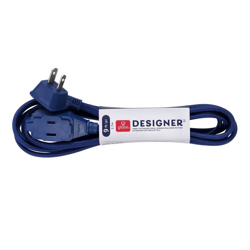 slide 2 of 10, Globe Electric 9' Fabric Extension Cord with 3 Polarized Outlets, Navy: Indoor Electrical Cord, 16 AWG, 9ft Length, 9 ft